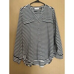 CALVIN KLEIN Women's Polyester Long Sleeve Blouse Striped M Black White